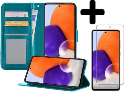 Hoesje - Met Screenprotector - Geschikt voor Samsung Galaxy A72 5G - Luxe Pasjeshouder - Bookcase Portemonee - Flip Case - Kunstleer Book Case - Flipcase - Book Cover - Walletcase - Portemonneehoes - Telefoonhoesjes - Turquoise