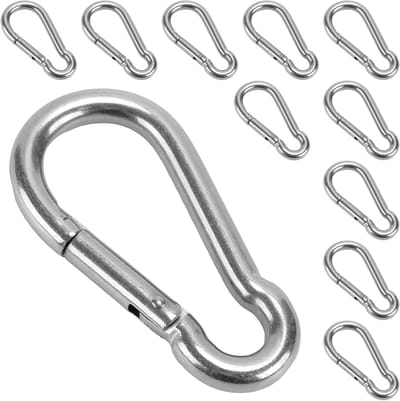 Pack van 12 RVS Karabijnhaken M8, 8 x 80 mm, Zilveren Karabiners met Veerhaak voor Klimmen en Buitenactiviteiten