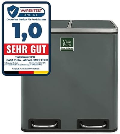 Vuilnisemmer met 2 vakken, 2 x 15 liter, uitneembare binnenemmer, deksel met sluitdemper, afvalscheidingssysteem voor keuken en kantoor