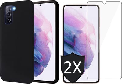 Hoesje geschikt voor Samsung Galaxy S21 FE - Matte Back Cover Microvezel Siliconen Case Hoes Zwart - 2x Tempered Glass Screenprotector