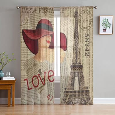 Vintage Poster Parijs Gescheurde Krant Transparante Gordijnen voor Woonkamer Transparant Tule Raamgordijn Slaapkamer Keuken Sluier Draperieën 135W x 114H(cm) beige