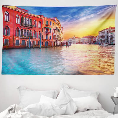 ABAKUHAUS Italiaans wandtapijt, Magische Venetiaanse kanalen, 230 x 140 cm, oranje en blauw