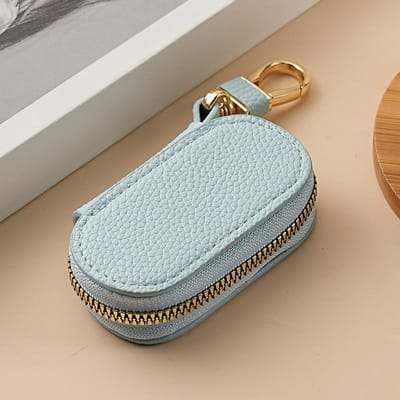 Sac à clés simple couleur unie motif litchi pour femme sac de rangement pour clés de voiture grande capacité usage général bleu