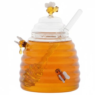 Urban Living Honingpot met honinglepel - 10 x 14 cm - glas - 3D bijenmotief - Honinghouder - Honingcontainer