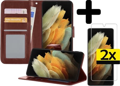 Hoesje - Met 2x Screenprotector - Geschikt voor Samsung Galaxy S21 Ultra - Luxe Pasjeshouder - Bookcase Portemonee - Flip Case - Kunstleer Book Case - Flipcase Hoes - Book Cover - Walletcase - Portemonneehoes - Telefoonhoesjes - Bruin