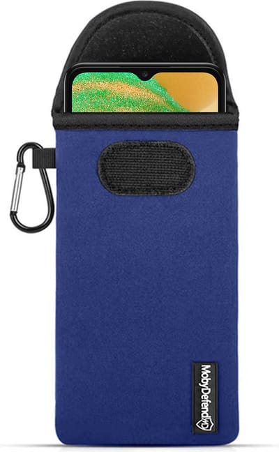 MobyDefend Hoesje - Geschikt voor Samsung Galaxy A04s - Neopreen Pouch Met Karabijnhaak - Insteek - Riemlus - Blauw