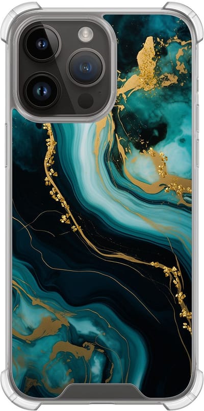 Shockproof hoesje - Geschikt voor iPhone 14 Pro Max - Marmer blauw goud - Extra sterke case - TPU/polycarbonaat - Marmer - Blauw, Transparant