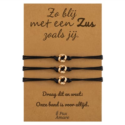 Vriendschapsarmbandjes voor 3 "Zo blij met een zus zoals jij" - Knoopjes - Sisters Armbandjes met Cadeau Kaartje - Goudkleurig - Elastisch Verstelbaar - Pax Amare