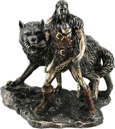 Veronese Design - Gebronsd Beeld - Noorse God Tyr en de Binding van Fenrir - 22,5cm