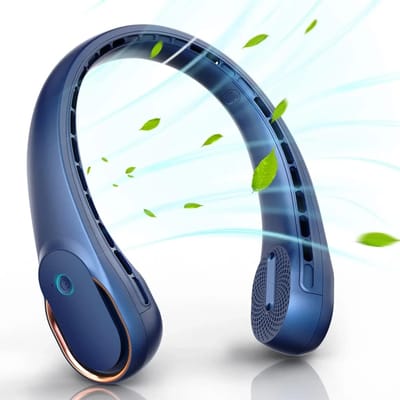 Ventilateur de cou portable sans lame 5200 mAh, refroidisseur d'air rechargeable à 3 vitesses, mini ventilateurs de sport d'été. Ventilateur portable cool bleu