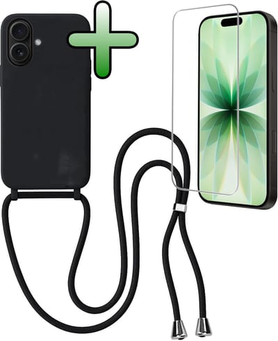 Hoes Geschikt voor iPhone 17 Hoesje Met Koord Met Screenprotector - Telefoonhoesje Geschikt voor iPhone 17 Backcover Met Afneembaar Koord - Zwart