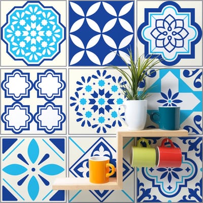 Zelfklevende tegelmuurstickers voor keuken en badkamer - 9 tegelstickers, Azulejos-stijl, Gioacchino-design - 9 stickers, 10x10 cm