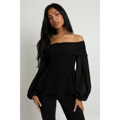 boohoo Dames Chiffon crepe Bardot-blouse | Black | Maat: 6