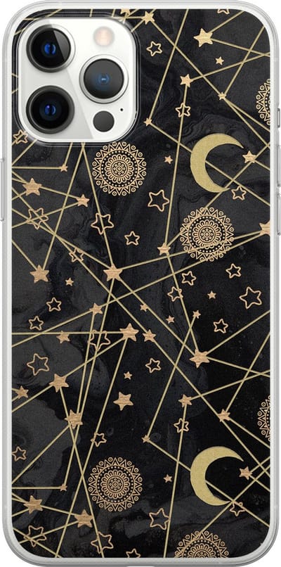 Leuke Telefoonhoesjes - Hoesje geschikt voor iPhone 12 Pro Max - Sterren, zon, maan - Soft case - TPU - Sterren - Zwart