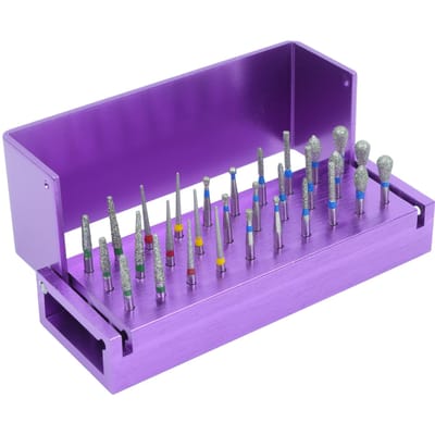 Set de 30 Fraises Dentaires Diamantées avec Support en Aluminium pour Turbine Dentaire Désinfection Autoclavable purple