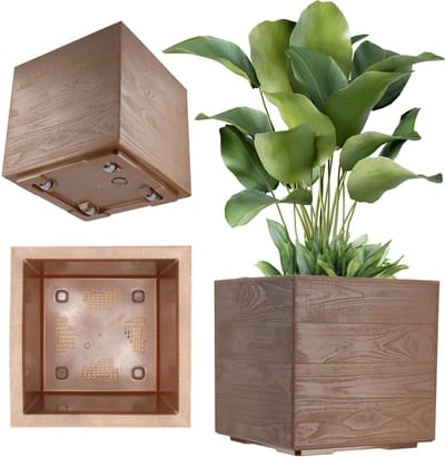 KADAX Plantenbak van kunststof, 39 x 39 cm, 7 kleuren, vierkante bloempot, bloempot met wieltjes, plantenbak met afvoerkurk (donkerbruin, houtlook)