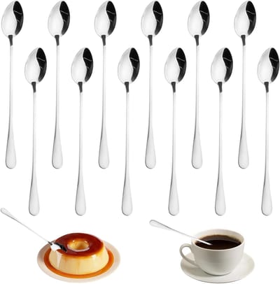 Set van 12 Lange Lepels voor Latte Macchiato en IJs, Roestvrijstalen Theelepels, Ideaal voor Milkshakes en Iced Coffee, 19.5 cm