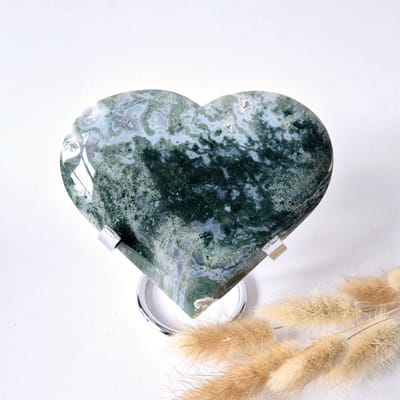 Edelsteen Grote Druzy Mosagaat Hart op Metalen Standaard – #51 348gram