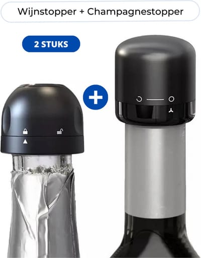 Set van 1 x Wijnstopper +  1 x Champagne stopper - Wijnafsluiter - Wijndop - Champagne afsluiter - Wijnaccessoires - Wijn en champagne tot 7 dagen langer vers