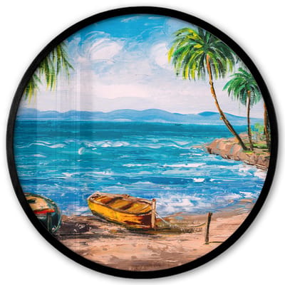 Poster in lijst Rond - Fotolijst 40x40 cm - Posters - Schilderij - Olieverf - Strand - Palmboom - Boot - Ronde posterlijst zwart - Decoratie - Wanddecoratie woonkamer - Muurdecoratie slaapkamer