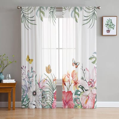 Ins Tropische Plant Palmblad Bananenblad Bloem Transparante Gordijnen Slaapkamer Woonkamer Voile Raamgordijnen Tule Gordijnen Kinderkamer 135W x 114H(cm) white