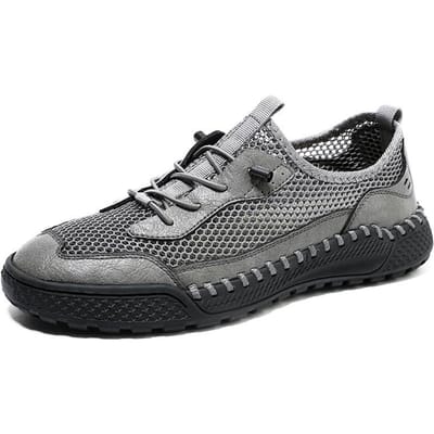 Heren Schoenen Zomer Nieuw Echt Leer Mesh Outdoor Hol Ademend Dunne Zachte Zool Sport Vrije Tijd Mesh Schoenen 46 grijze kleur