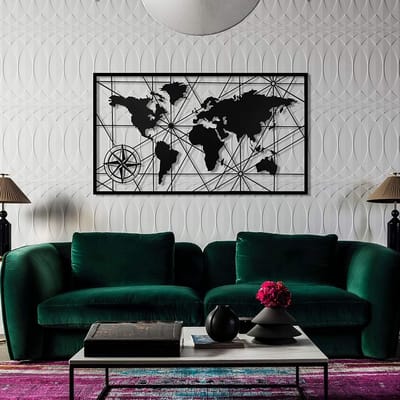 Metalen Wereldkaart - Wanddecoratie - Woonkamer Inrichten - Uniek 3D Design - 73 x 41 cm - Mat Zwart