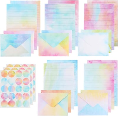 Watercolor Briefpapier Set met Enveloppen, 50 Gekleurde Lined Schrijfpapier, 50 Enveloppen en 60 Stickers voor Bruiloft Uitnodigingen en Creatieve Projecten