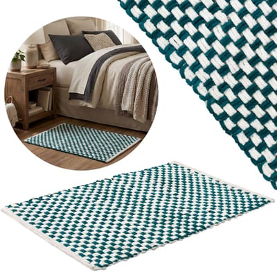 Turkoois en wit tapijt, vloerkleed, mat, slaapkamerkleed, gevlochten 50x80 cm - ABSORBERENDE, pluche microvezel, HOOG gramgewicht