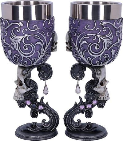 Set van 2 Dubbele Schedel Bekers Hartvormig - Gothic Wijnkelken met Zilveren Details