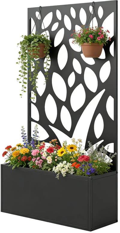 Plantenbak met klimrek - Weerbestendig - Bloembak - Met trellis - Buiten - Hout - Plantenrek - Rechthoekig - Zwart
