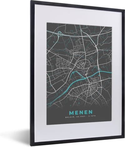 Fotolijst incl. Poster - België – Menen – Stadskaart – Kaart – Blauw – Plattegrond - 30x40 cm - Posterlijst