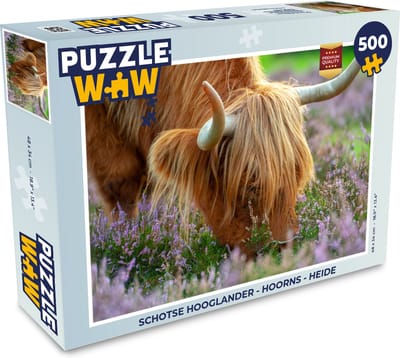 Puzzel Schotse Hooglander - Hoorns - Heide - Legpuzzel - Puzzel 500 stukjes