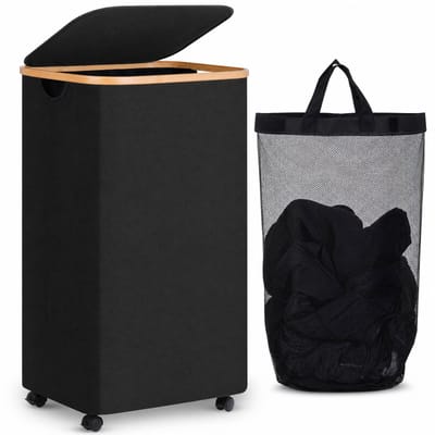 Vouwbaar - Wasmand met deksel - 100 liter met wielen en rem - Bamboe handvatten en afneembare zak - Geschikt voor badkamer, slaapkamer en wasruimte