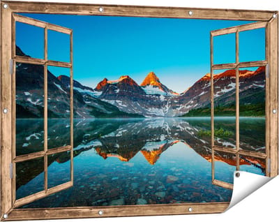 Gards Tuinposter Doorkijk Berg Assiniboine bij het Meer in Canada - 120x80 cm - Tuindoek - Tuindecoratie - Wanddecoratie buiten - Tuinschilderij