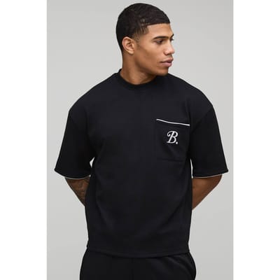 Oversized Boxy Interlock B Scroll Embroidered Piping T-Shirt | Black | Size XS