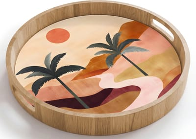 Dienblad rond 40x40 cm - Schootdienblad hout - Heuvels - Palmbomen - Abstract - Borrelplank rechthoek - Plateau houten dienbladen