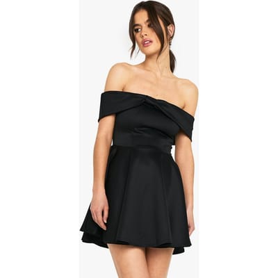 boohoo Dames Gebonden Scuba Bardot Volume Skater Mini Jurk | Black | Maat: 8