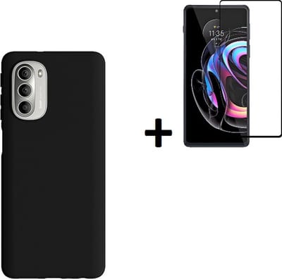 Hoesje Geschikt voor Motorola Moto G51 5G - Full Screenprotector Motorola Moto G51 5G - Siliconen - Motorola Moto G51 5G Hoes Zwart Case + Full Tempered Glass