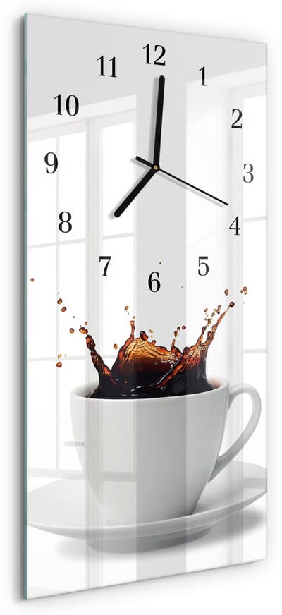 Tulup Wandklok - Koffie Glazen Wandklok Design - 30x60 cm - Wit Klok Glas Met Opdruk - Zwarte Handen - Rechthoekige Wandklok - Gekleurde Glazen Klok - Glazen Klok Met Print