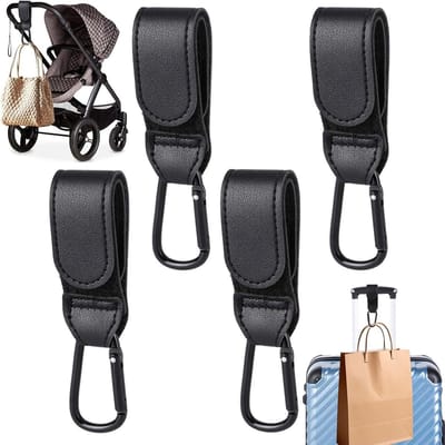 Set van 4 Universele Kinderwagenhaakjes voor Tassen, Carabiner Haken en Leren Bevestigingen voor Kinderwagens en Koffers (Zwart)