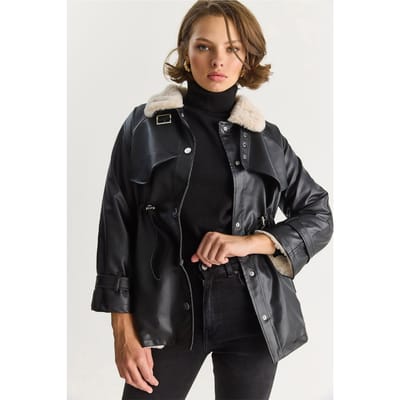 Faux leren jas met nepbontdetail