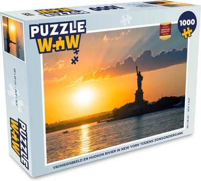 Puzzel Vrijheidsbeeld en Hudson rivier in New York tijdens zonsondergang - Legpuzzel - Puzzel 1000 stukjes volwassenen