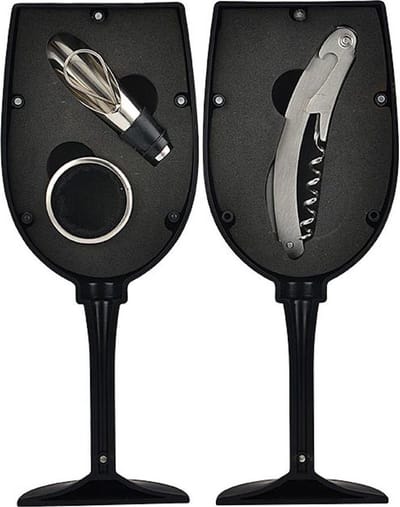 4-Delige Luxe Wijnset in Wijnglas vorm - Wijn fles accessoires Set - Wine tools - Wijn Kurken trekker - In Luxe Wijnglas opbergbox - Cadeau set