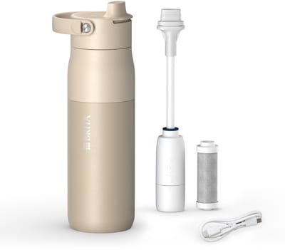 BRITA LARQ iQ Digitale Drinkfles - Beige - 680ml - Slimme RVS waterfles met hydratatie tracking app, actieve koolstofwaterfilter & UV-C - neutraliseert 99.99% bacteriën, vermindert micro-onzuiverheden, PFAS & meer