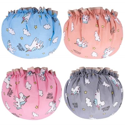 EXCITAT Douchekap - Dikke Douche muts - Shower Cap - Waterdichte douchekap - Dubbele laag - Douchemuts Haar Cover Bedekking - Waterdicht - BadMuts - Badkamer Accessoires - 4 stuks - Cartoon Pony Blauw, Grijs, Roze, Oranje