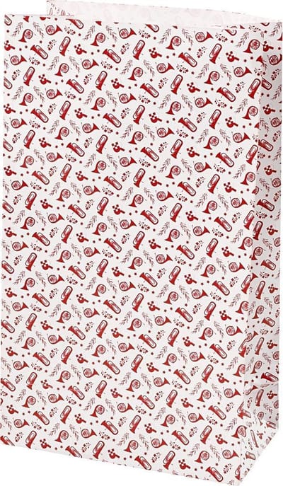 Papieren zakken, trompet, H: 21 cm, afm 6x12 cm, 80 gr, rood, wit, 8 stuk