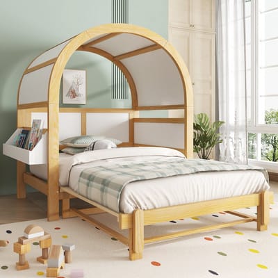 MODFU Ledikant 140x200 cm van massief grenenhout en MDF – wit/naturel – huisvormig gebogen dak met uitschuifbed