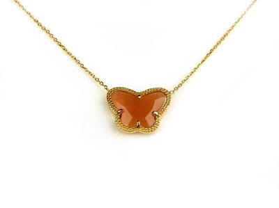 korte zilveren halsketting halssnoer collier geelgoud verguld Model Vlinder met oranje steen