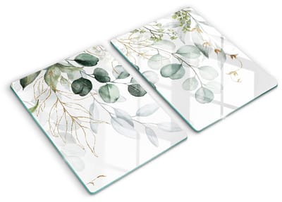 Wallfluent Spatscherm Keuken - Wit Spatwand Keuken - Set 2 Stuks 40x52 cm - Geschilderde Planten Spatscherm Glas - Bloemen en planten Rechthoekig Spatscherm Keuken